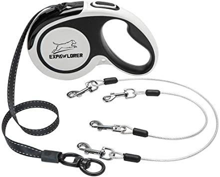 EXPAWLORER Chew Proof Retractable Dog Leash - Reflective Extendable Double Dog Leash for 2 Dogs with 2 No Tangle Strong Wire Ropes, 16 ft Heavy Duty Dual Dog Leash for Medium and Large Dogs