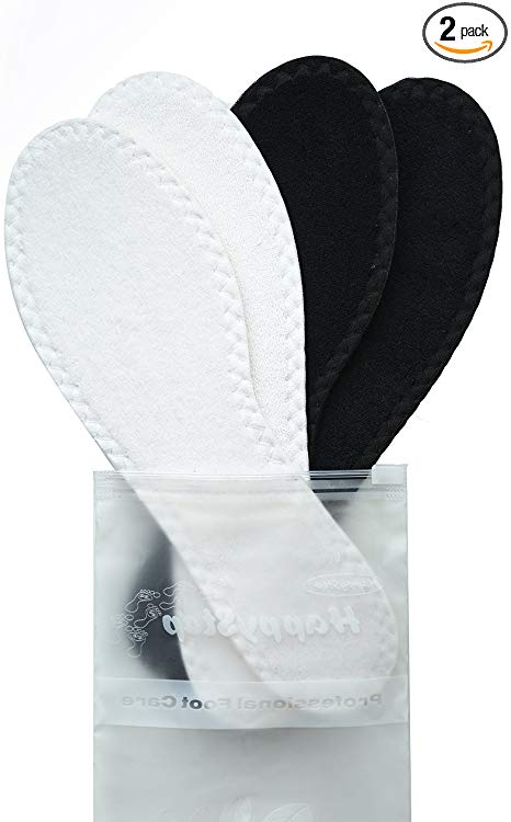 HappyStep 1 Pair White and 1 Pair Black Cotton Terry Barefoot Summer Insoles, Sweat Absorbent and Moisture Control, Washable and Reusable for Walking, Running and Casual Shoes - Women Size 8