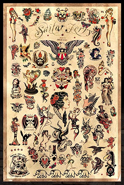 Sailor Jerry Tattoo Flash (Style C) Poster 24x36" (60.96 x 91.44 cm)