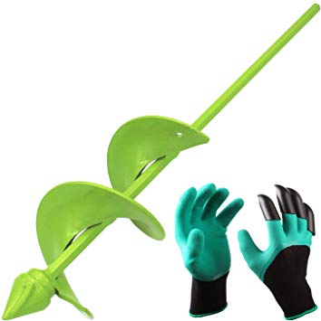 [Upgrade Version]BLIKA Auger Drill Bit, Garden Plant Flower Bulb Auger 3" x 16" Rapid Planter with Garden Genie Gloves, Earth Auger Bit, Non-Slip Hex Drive fits Any 3/8-inch Drill