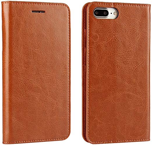iPhone 7 Plus Case, Genuine Leather iPhone 7 Plus Wallet Case Book Design with Flip Cover and Stand [Credit Card Slot] Magnetic Closure Case for iPhone 7 Plus - brown
