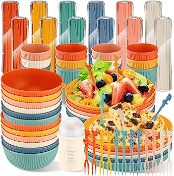 Norme Sets of 12 Wheat Straw Dinnerware Sets (122 Pcs) Unbreakable Reusable Plates and Bowls Sets with Cutlery Utensils Dishwasher Safe Travel Camping Cutlery Set for Kids Adults, 6 Colors