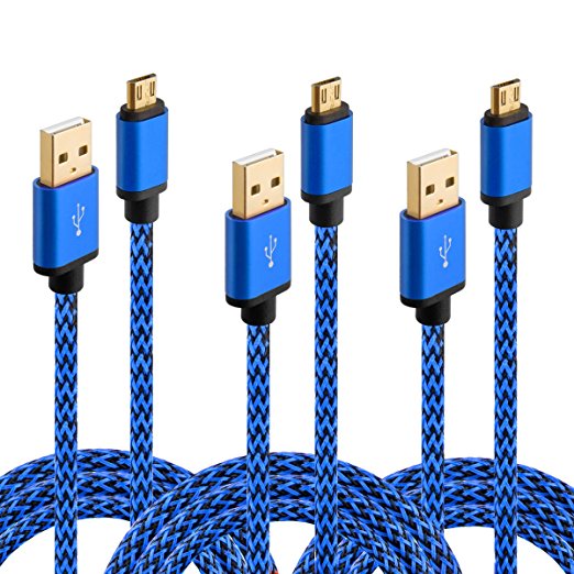 Micro USB Cable, HI-CABLE Fast  3 pack 6ft Quick Speed Braided Long Charging Cord For Samsung Galaxy S7 S6 Edge Plus, Note 4/ 5,S4 S5 Active, Tab A S/ S2 Pro, PS3/ 4, Android Phone Gold-Plated (Blue)