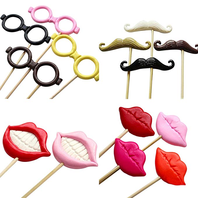Tinksky Funny Wedding Photo Props on a Stick Mask Beard Mustache Hat Glasses Lips Photo Booth Posing Props for Mother's Day Wedding Luau Hawaii children's party Decoration 14-pack