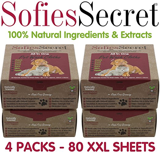 SofiesSecret Pet Wipes for Dogs+Cats and ALL other Pets, ALL IN ONE GROOMING, 100% Natural & Organic Extracts, Extra Thick, Ultra Soft, Extra Large, Hypoallergenic, Cruelty Free & Vegan