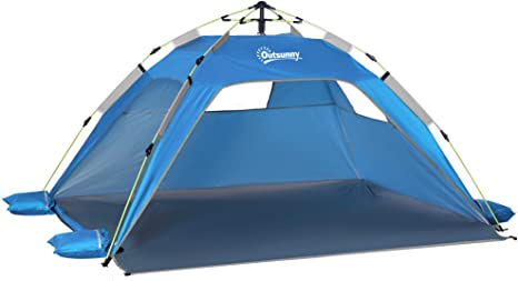Outsunny 2 Man Pop-up Tent Beach Tent Sun Shelter w/Windows Doors Hook Sandbags UV Protection Waterproof Outdoor Adventure Garden