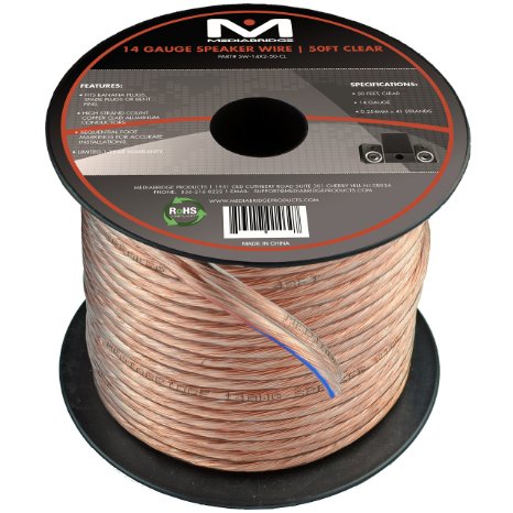 14AWG 2-Conductor Speaker Wire (50 Feet, Clear) by Mediabridge - Spooled Design with Sequential Foot Markings (Part# SW-14X2-50-CL )