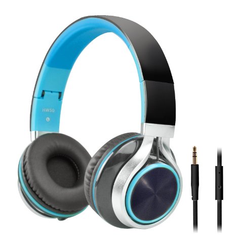 BienSound HW50 Stereo Folding Headsets Strong Low Bass Headphones with Microphone for iPhone, All Android Smartphones, PC, Laptop, Mp3/mp4, Tablet Macbook Earphones (black/blue)
