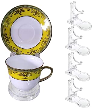 Hipiwe Acrylic Tea Cup Saucer Display Stands Clear Dinnerware Display Easel Stand Teacup Sets Plate Holder,Pack of 8 (5pcs,High Legs)