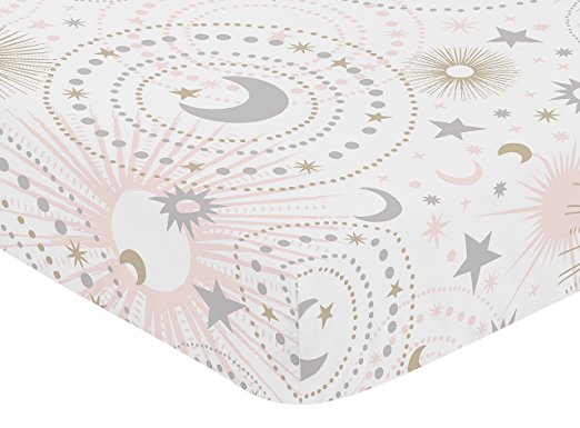 Sweet Jojo Designs Blush Pink, Gold, Grey and White Star and Moon Baby or Toddler Fitted Crib Sheet for Celestial Collection by