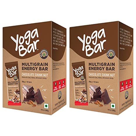 Yogabar Chocolate Chunk Multigrain-Energy Bars - Healthy Diet Snacks with Almonds, Oats and Millets, Gluten Free and High Protein Crunchy Nut Bar, Packed with Chia and Sunflower Seeds (12 Bars)