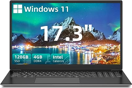 SGIN Laptop 17.3 Inch 4GB DDR4 128GB SSD, Windows 11 Laptops Computer with IPS FHD 1080p Display, Intel Celeron Quad Core Computer, 2.4G/5GHz WiFi, Bluetooth4.2, USB3.0 * 2, Type-C, 8000mAh Battery