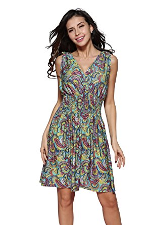 Jinhuanshow Women's Casual Low-cut V-neck Backless Printed Dresses