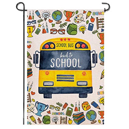 Shmbada Welcome Back to School Burlap Garden Flag, Premium Material Double Sided, School Supplies Yellow Bus Outdoor Yard Lawn Colorful Decorative Banner, Gift for Children 12.5 x 18.5 Inch
