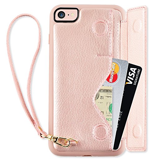 iPhone 7 Wallet Case,iPhone 8 Card Holder Case, ZVE Shockproof Leather Wallet Case with Credit Card Slot Holder for Apple iPhone 7 (2016)/iPhone 8 (2017) - Rose Gold