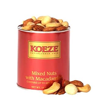 Koeze Mixed Nuts with Macadamias - 14 oz. Gift Tin - Contains: Colossal Cashews, Southern Pecans, White Macadamias and California Almonds