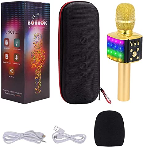 BONAOK Upgraded Bluetooth Karaoke Wireless Microphone with Flashing Colorful LED Lights, 4 in 1 Portable Bluetooth Karaoke Machine Home Party Speaker for iPhone/Android/PC (Gold)