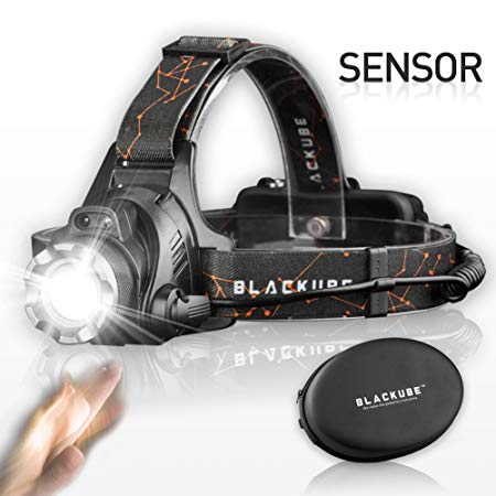 Blackube Headlamp Motion Sensor 4 Modes Super Bright Headlight Black Grey With 18650 Rechargeable Batteries Adjustable Heaband Best For Camping Hiking Working