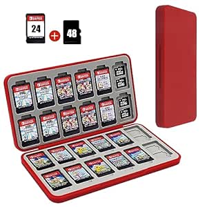 FYY Nintendo Switch Game Case - Red Nintendo Switch Game Holder for Nintendo Switch Cartridge Case with 24 Game Card Slots & 48 Micro SD Card Slots, Switch Card Case- Hard Shell, Silicone Lining