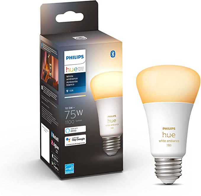 Philips Hue White Ambiance A19 Medium Lumen Smart Bulb, 1100 Lumens, Bluetooth & Zigbee Compatible (Hue Hub Optional), Compatible with Alexa & Google Assistant