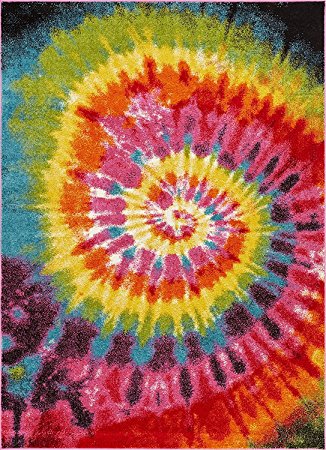 Tie Dye Retro Rainbow Trippy Multi Hippie Red Orange Yellow Green Modern Painting 5x7 ( 5'3" x 7'3" ) Area Rug Easy Clean Stain Fade Resistant Shed Contemporary Geometric Art Thick Soft Plush