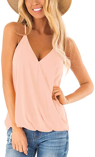 Aokosor Womens Deep V Neck Wrap Spaghetti Strap Tank Tops Summer Sleeveless Shirts Blouses