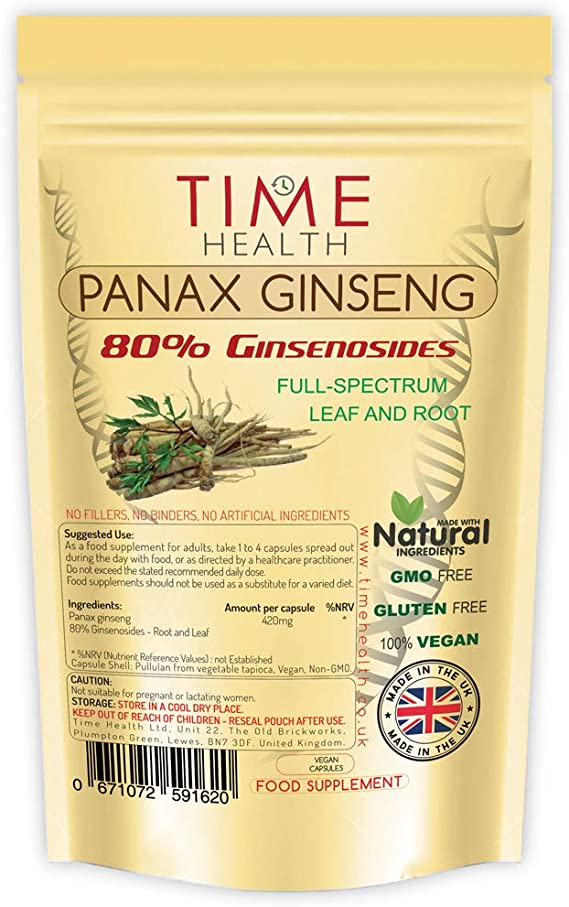 Panax (Korean) Ginseng Extract Capsules - 420mg per Capsule - Maximum Strength 80% Ginsenosides - Full-Spectrum Leaf and Root - Zero Additives - Pullulan (60 Capsule Pouch)