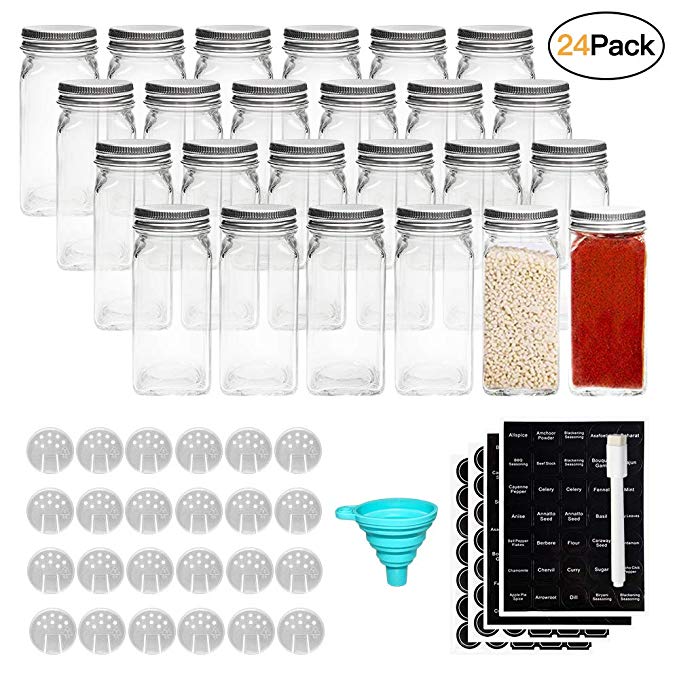 Meckily 24 Glass Spice Jars- Square Glass Containers With Square Empty Jars 4oz, Airtight Cap, Chalkboard & Clear Label, Shaker Insert Tops and Wide Funnel - Complete Organizer Set