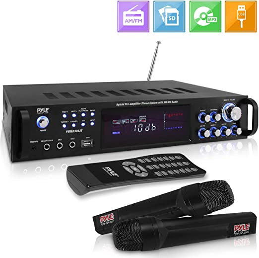 Pyle 3000W Bluetooth Hybrid Speaker-High-Powered Pre-Amplifier w/ 2 VHF Wireless Handheld Microphones, MP3/Aux/USB/SD Readers/FM Radio/Rack Mount Design w/LED Backlight PWMA3003BT