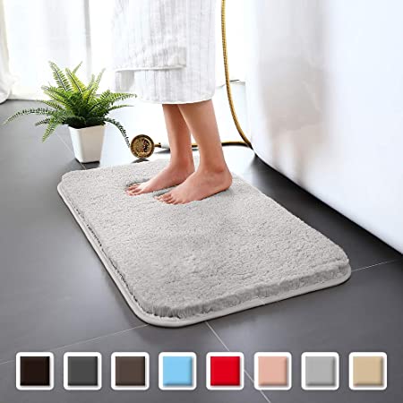 Carvapet Non-Slip Bathroom Rug High Water Absorbent Bath Mat Microfiber Soft Plush Shaggy Mat, 16 by 24 inches, Light Gray