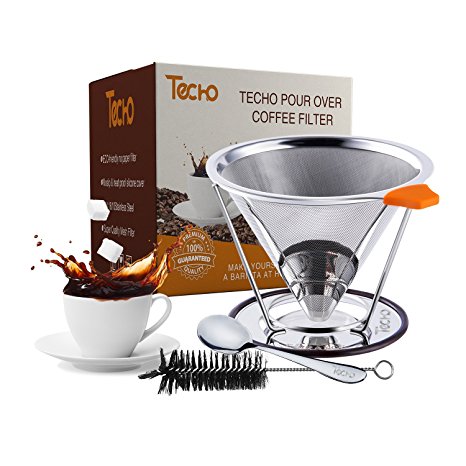 TECHO DIY Pour Over Reusable Coffee Filters 4 Cups Stainless Steel Cone Dripper with Stand Spoon Brush