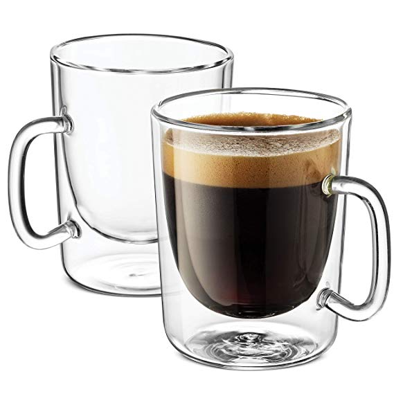 Luigi Bormioli Double Walled Glass Coffee Mugs - 10¼ Ounce (2 Pack) Insulated Espresso Cups for Cappucino, Latte, with Convenient handle Perfect Tea Glasses, for Hot - Cold Beverages, Microwave safe