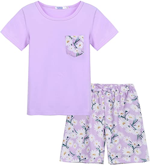 Kids Pajamas Short Sleeve Cotton Summer PJS Stripe Rainbow Girls Sleepwear 4-13 Years