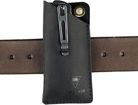 VIPERAED PJ11 Leather EDC Pocket Slip for Leatherman Rebar KICK/Crater C33 knife, Mini Knife/Flashlight/Multitool and other EDC Gear Leather Holster, Small Leather Utility Knife Sheath for Belt(Black)