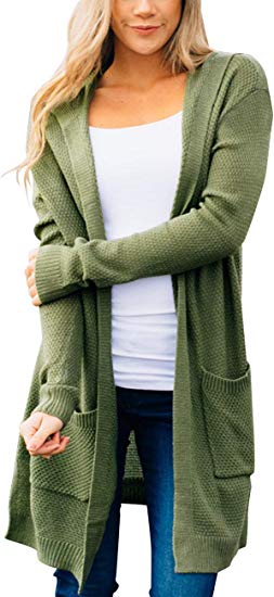 MEROKEETY Women's Long Sleeve Open Front Hoodie Knit Sweater Cardigan with Pockets