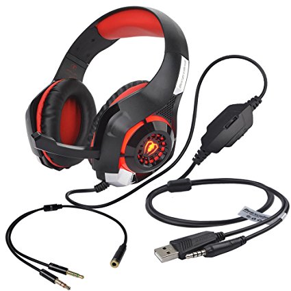 Beexcellent 3.5mm Gaming Headset Over Ear Headphones Headband Stereo Computer Bass Earphones with Mic Volume Control LED Light for Xbox One PlayStation 4 PS4 PC Laptop Tablet Smartphones-Black Red