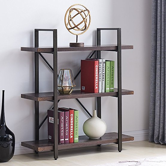 Homissue 3-Shelf Industrial Bookcase and Book Shelves, Vintage Wood and Metal Bookshelves,Espresso-Brown