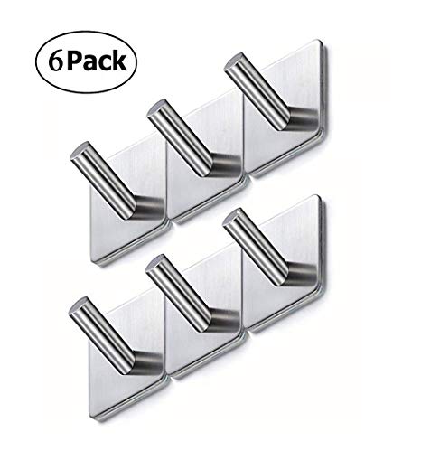 Self Adhesive Hooks，Sticky Hooks,Helot Stainless Coat Hooks Heavy Duty Door Hooks,6 Pieces Towel Hooks for Bathrooms,Kitchen,Lavatory Closet and Rust Proof（6 Pieces）