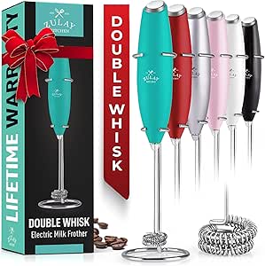 Zulay Kitchen Powerful Double Whisk Milk Frother Handheld - Foam Maker With Stand - Whisk Drink Mixer for Coffee, Mini Foamer for Latte, Matcha, Frappe, Hot Chocolate & Cappuccino (Caribbean Aqua)