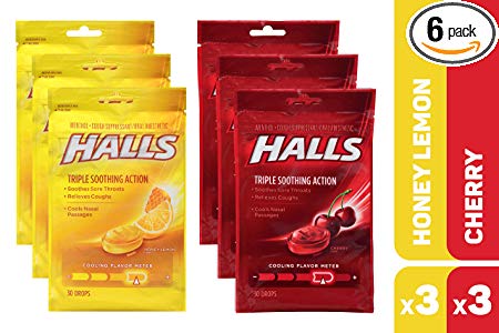 Halls Cough Drops Variety Pack - Honey Lemon, Cherry - 180 Drops total (6 bags of 30 drops)