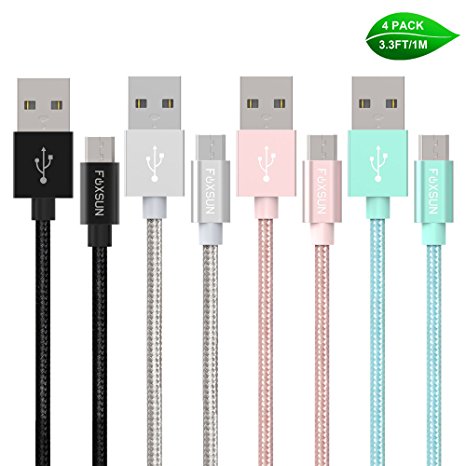 Micro USB Cable, Foxsun [4-Pack] 3.3ft/1m Nylon Braided High Speed USB 2.0 A Male to Micro USB Sync and Charging Cables for Android, Samsung Galaxy, HTC, LG, Nokia, Sony ,Tablet Smartphone and More(Black, Silver,Pink,Green)