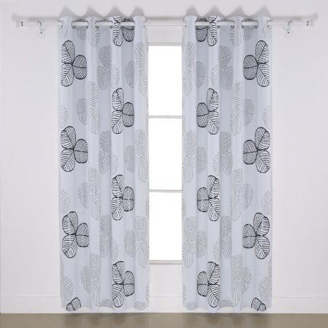 Deconovo Fashion Flower Leaf Foil Printed on White Thermal Insulated Blackout Curtains for Bedroom 52W x 63L1 Pair