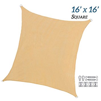 RainLeaf 16' x 16' Square Sun Shade Sail for Outdoor and Patio with Hardware Kit, 2nd Generation, Desert Sand