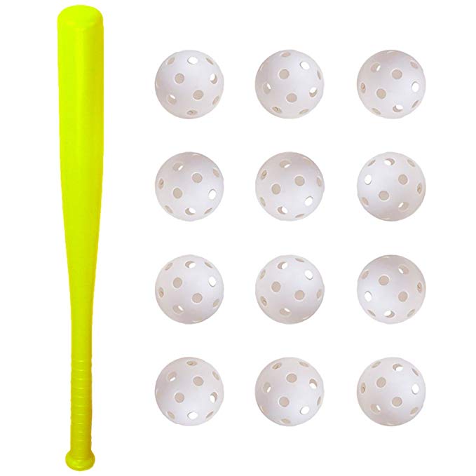24" Plastic Children's Baseball Bat and 12 Poly Baseballs | Big League Bundle Baseball/Softball Practice and Recreation Set | Indoor/Outdoor Youth-Sized Play Toy | Includes Neon Bat, Lightweight Balls