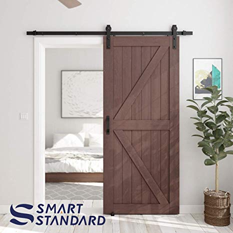 SMARTSTANDARD 36in x 84in Sliding Barn Door with 6.6ft Barn Door Hardware Kit & Handle, Pre-Drilled Ready to Assemble, DIY Unfinished Solid Cypress Wood Panelled Slab, K-Frame, Coffee