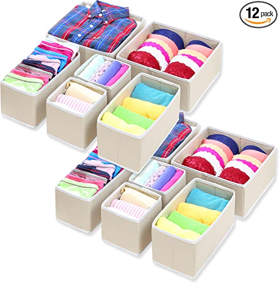 Simple Houseware Foldable Cloth Storage Box Closet Dresser Drawer Divider Organizer Basket Bins for Underwear Bras, Beige (Set of 12)