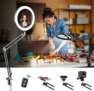 Ring Light with Stand and Phone Holder for Desk, Evershop 10" Selfie Light for Phone Laptop Computer, Overhead Phone Camera Mount Tripod with Remote for Video Recording/Live Streaming/Cooking/YouTube