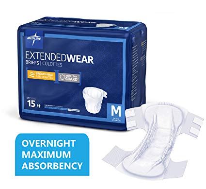 Medline Extended Wear Overnight Adult Briefs with Tabs, Maximum Highest Absorbency Adult Diapers, Medium (15 Count)