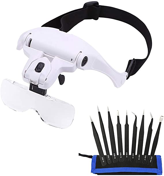 Jiusion Single Lens Head Mount Headband Illuminating Magnifier with 9pcs Precision Tweezers Set, 2 LED Lights Magnifying Jeweler Loupe 5 Detachable Glasses for Reading Jewelry Watch Electronic Repair