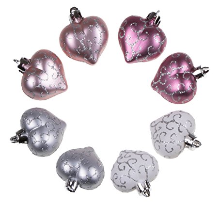 Christmas Heart Ornament Set by Clever Creations | Small Pink and White Heart with Glitter | Lightweight Shatter Resistant Design | 8 Pack | Festive Holiday Decor | 2" Tall | Hangers Included